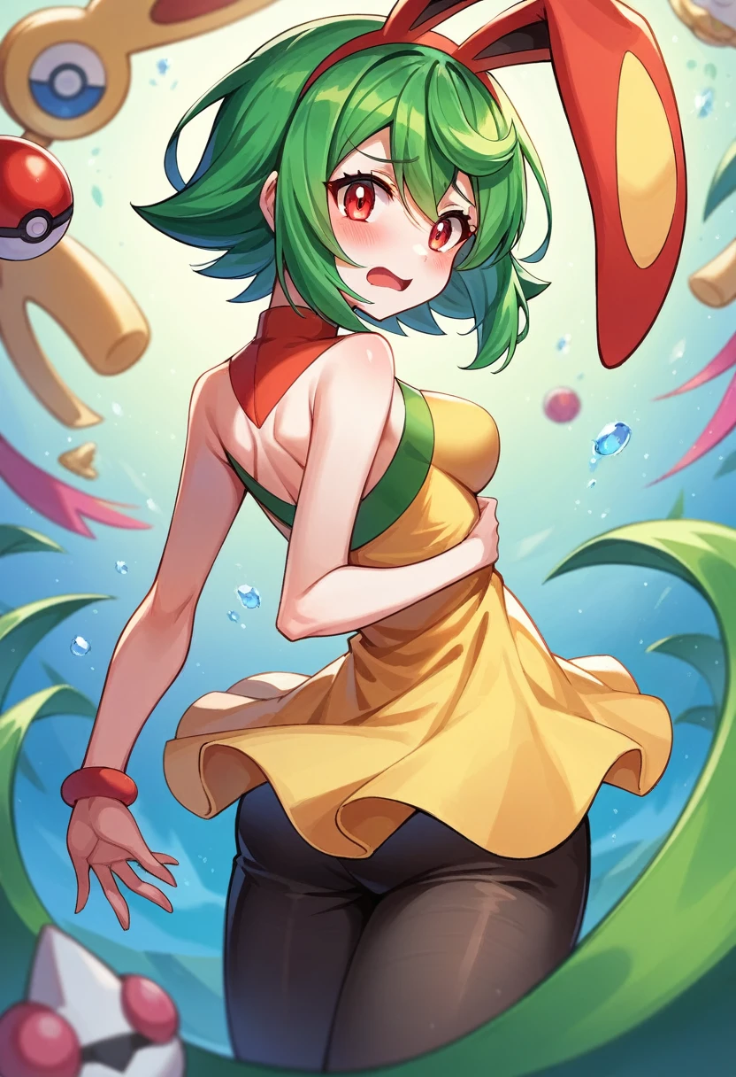 (masterpiece:1.2, best quality), actual, (live action, intricate details, depth of field), masterpiece, best quality, masterpiece, best_quality, one girl, alone, inheritance, biology \(co-authored\), game freak, nintendo, pokemon, pokemon \(game\), bangs, co-authored skin, focus on female, Minamoto Koemon, green hair, green skin, hair co-authored one eye, multi co-authored skin, pokemon \(biology\), red eyes, short hair, two-tone skin, white skin, bunny, black tights, , crazy extensions, drooping, larger than shoulder blades, hourglass shape, thin waist and thick hips, bone basin larger than shoulder blades, fitness model, red cheeks, shy and nervous look