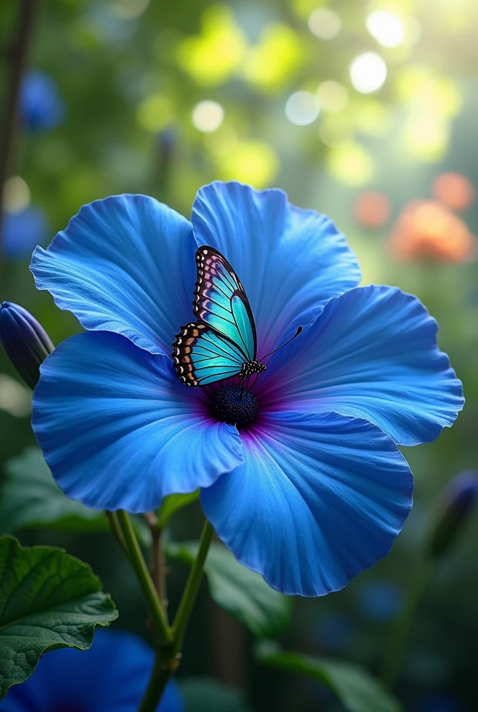 A big blue flower with big petals with a butterly