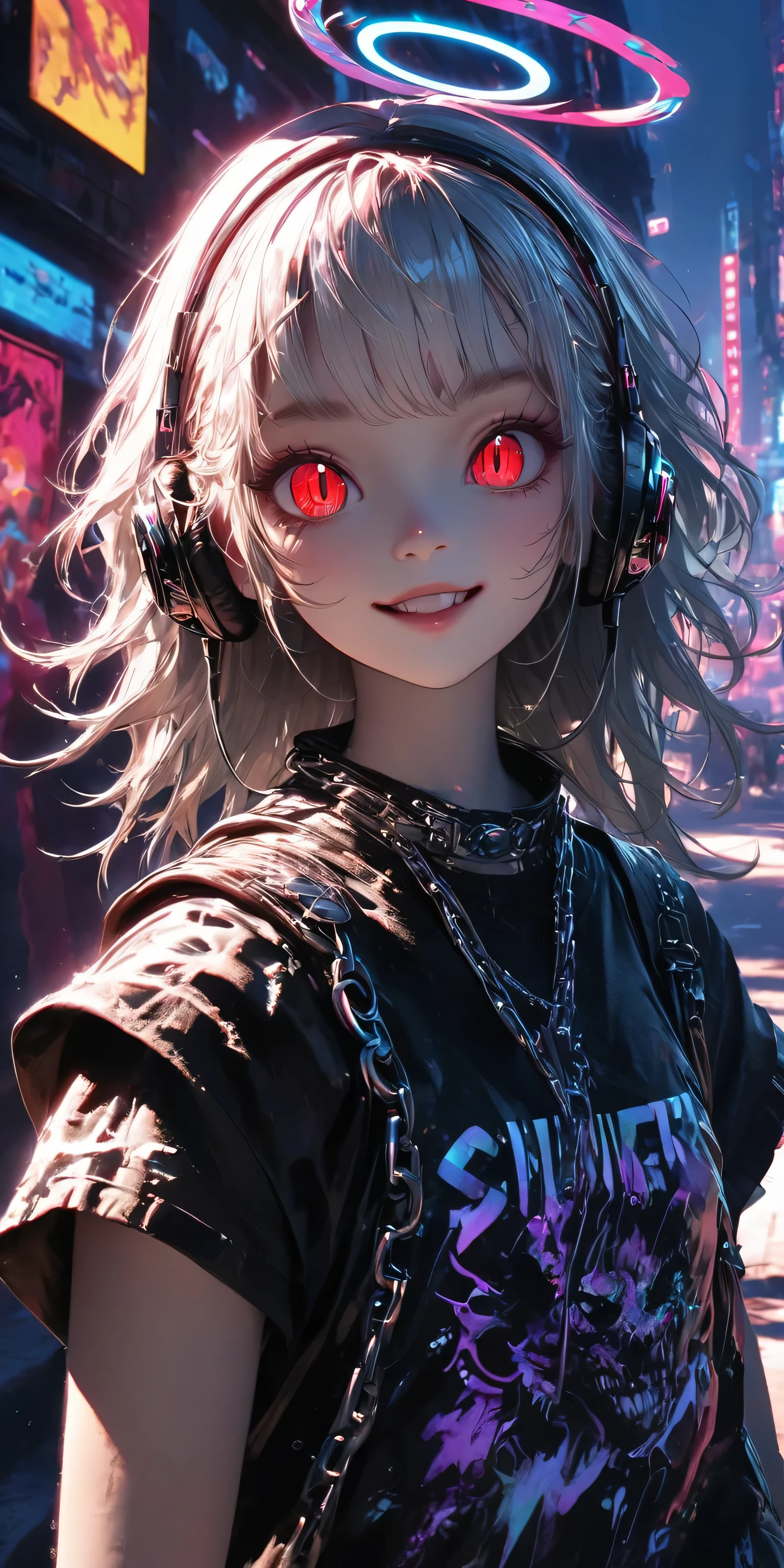 1 girl, Chromatic Aberration, Depth of Field, soft light, masterpiece, Top quality, complicated, Tone Mapping, Very detailed, Art Station, concept art, Smooth, Clear focus, Dramatic Lighting, Very detailed artwork, Movie, super Practical painting, Art Station's trending, 8K, incredible shadow, Practical, (Very detailed background:1.0), whole body, View, Viewers, Very detailed portrait of one girl 1, Standing on the street corner, Heavy rain and thunder、Gloomy sky, neon and cyber punk background, she is dressed in punk clothing with silver chains and silver spikes, Her hair was dyed a delicate black,The middle part is black, She is wearing headphones, Detailed red eyes and clear pupils, The sinister aura of the halo, Smile, punk, ciber punk, Backlight.