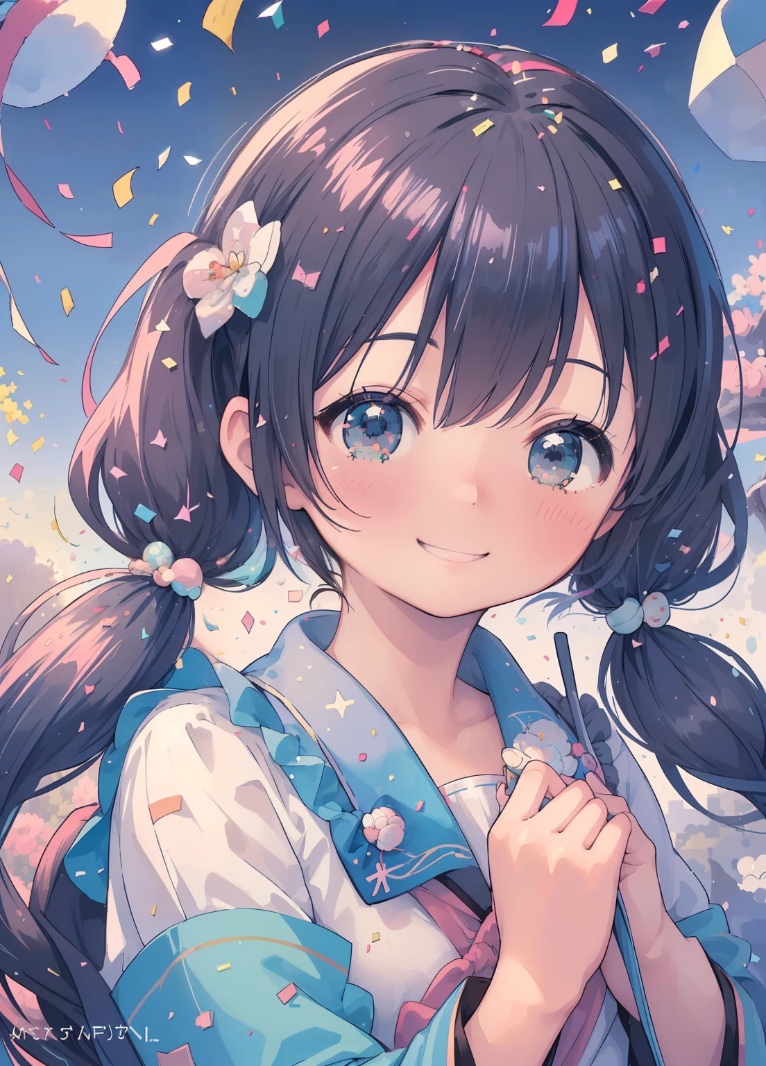 (masterpiece、Highest quality、Highest quality、Official Art、Beautiful and beautiful:1.2)、(One person:1.3)Hatsune Miku、Twin tails,Beautiful breasts, Katsushika Hokusai,(cute:1.3),(smile:1.3),(smile:1.25),(A bright and cheerful atmosphere、Confetti and spotlights shining:1.35),(Face close-up:1.25),