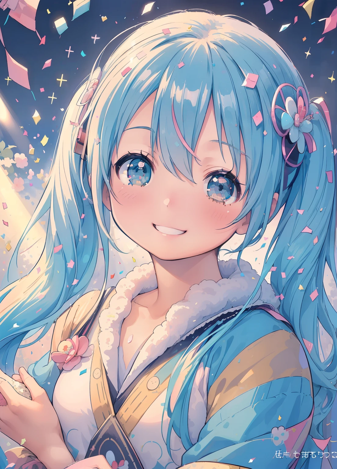 (masterpiece、Highest quality、Highest quality、Official Art、Beautiful and beautiful:1.2)、(One person:1.3)Hatsune Miku、Twin tails,Beautiful breasts, Katsushika Hokusai,(cute:1.3),(smile:1.3),(smile:1.25),(A bright and cheerful atmosphere、Confetti and spotlights shining:1.35),(Face close-up:1.25),