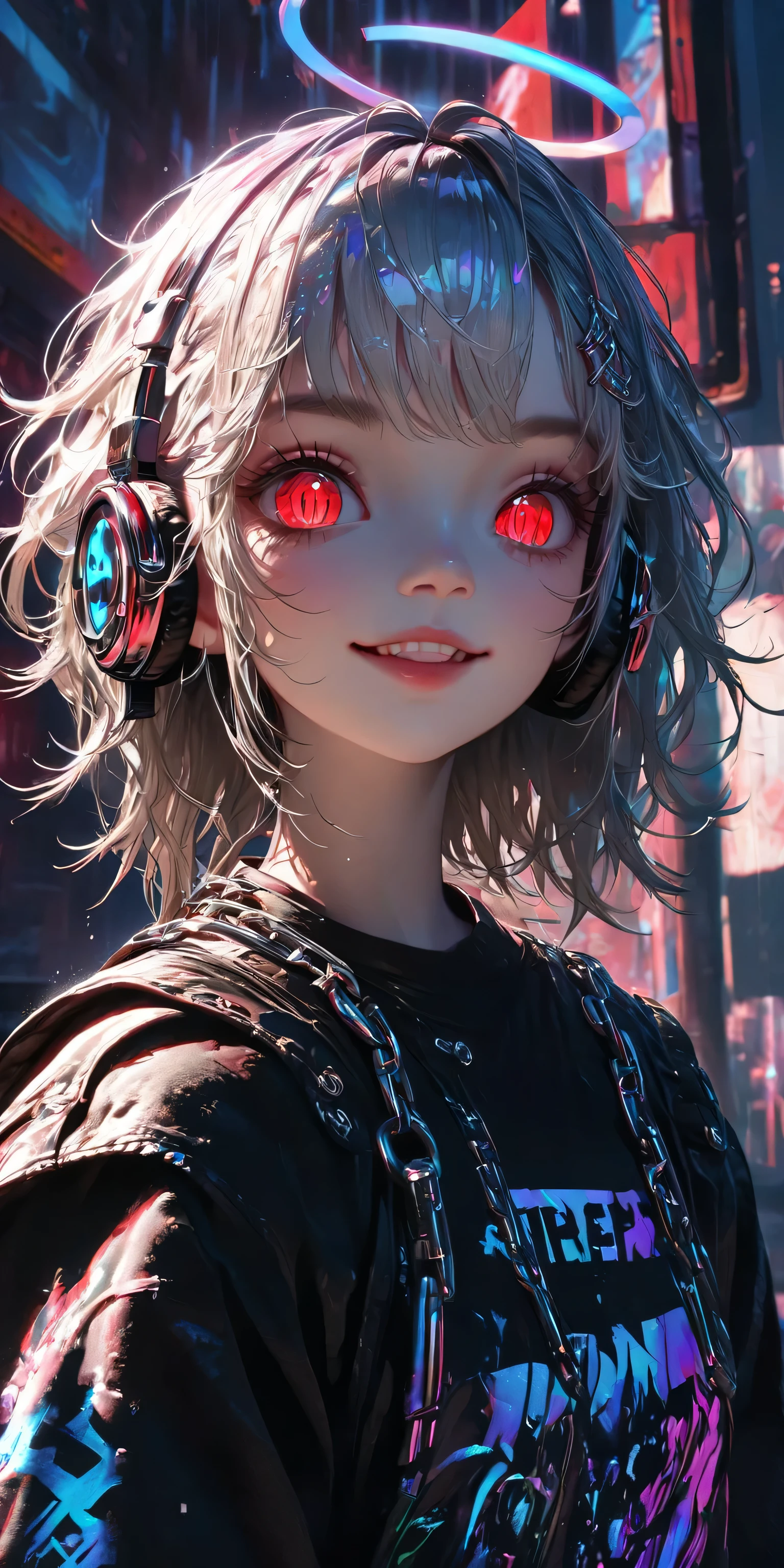 1 girl, Chromatic Aberration, Depth of Field, soft light, masterpiece, Top quality, complicated, Tone Mapping, Very detailed, Art Station, concept art, Smooth, Clear focus, Dramatic Lighting, Very detailed artwork, Movie, super Practical painting, Art Station's trending, 8K, incredible shadow, Practical, (Very detailed background:1.0), whole body, View, Viewers, Very detailed portrait of one girl 1, Standing on the street corner, Heavy rain and thunder、Gloomy sky, neon and cyber punk background, she is dressed in punk clothing with silver chains and silver spikes, Her hair was dyed a delicate black,The middle part is black, She is wearing headphones, Detailed red eyes and clear pupils, The sinister aura of the halo, Smile, punk, ciber punk, Backlight.