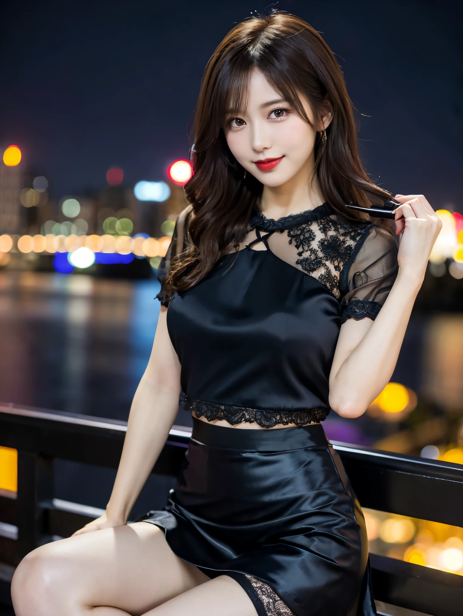 Highest quality, masterpiece, 8k, Ultra-high resolution, (Realistic: 1.4),  1 girl, Beautiful Face, Symmetrical eyes, Japanese, smile, Brown Hair, Perfect Body Proportions,  whole body, smile , Large Breasts, High heels, Putting on makeup , pantyhose, (Tight lace blouse), ((Black lace blouse)), ((silk black color skirt)), ((Tight-fitting skirt )), (Lace-up short sleeves) , (City Night),(Blurred Background), Dim lighting, Cityscape,  In the Dark, Deep Shadow, Model Pose , (Legs are indicated: 1.3),(Spread your legs),((Spread your legs to show your genitals)),