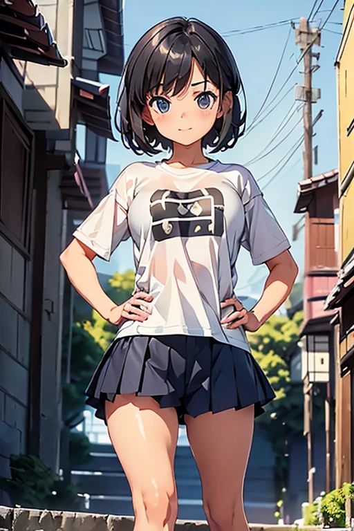 Kyoto animation style, (1 girl:1.2), (petite:1.4), {medium long shot}, best detailed girl, very short hair, cute anime face, large breasts, t-shirts, sporty shorts, black hair, best detailed girl, looking at viewers, hand on hip, grey background, masterpiece, best quality, high quality, Super beautiful illustrationsfacing forward,