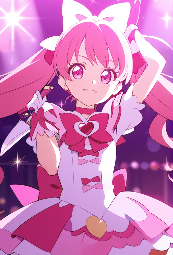 ((masterpiece、Highest quality))1 person、On top of that、and、like、cute、cute、My Favorites 、alone、Idol、Pink Skirt、Pink Hair、Twin tails、Pink Eyes、smile、smile、vision、Sparkling、Red cheeks、ribbon、Pretty Cure Costume、knife