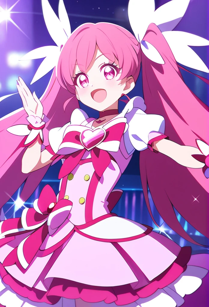 ((masterpiece、Highest quality))1 person、On top of that、and、like、cute、cute、My Favorites 、alone、Idol、Pink Skirt、Pink Hair、Twin tails、Pink Eyes、smile、smile、vision、Sparkling、Red cheeks、ribbon、Pretty Cure Costume、knife