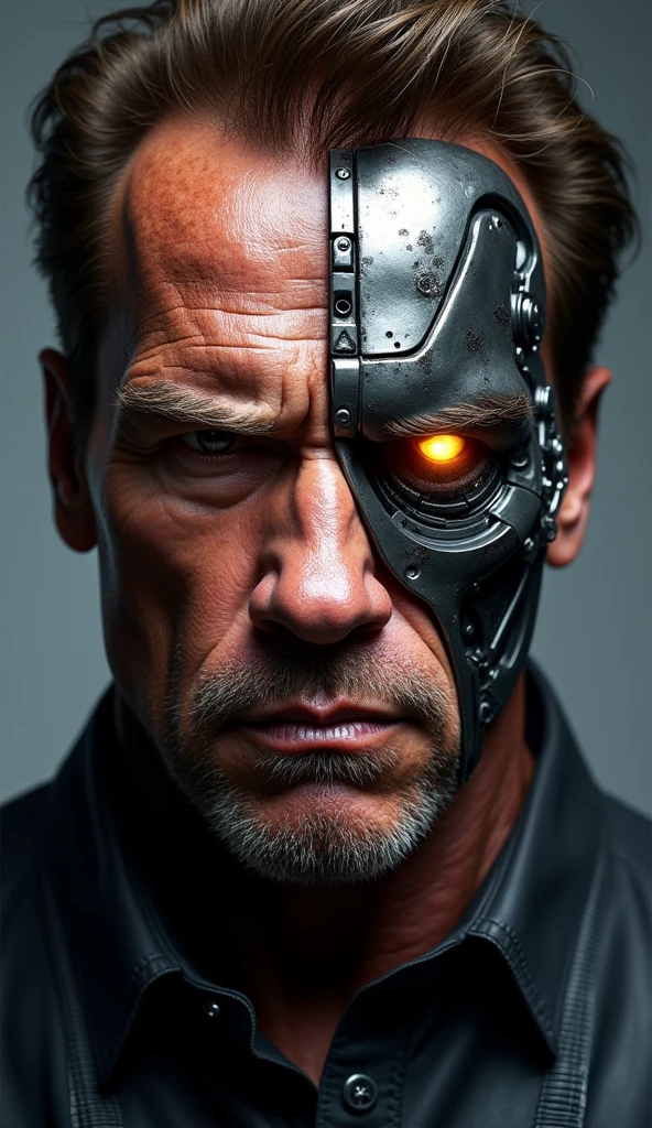 (masterpiece, best quality), Arnold Schwarzenegger (The Expendables movie), 1 man, epic (photo, studio lighting, hard light, sony a7, 50 mm, matte skin, pores, colors, hyperdetailed, hyperrealistic), ultrasharp, half face cyborg inside face skin, one eye of cyborg, 8k ultra hd, detailed, cramps, aggressive, portrait, front facing, detailed face, full image with complete hair