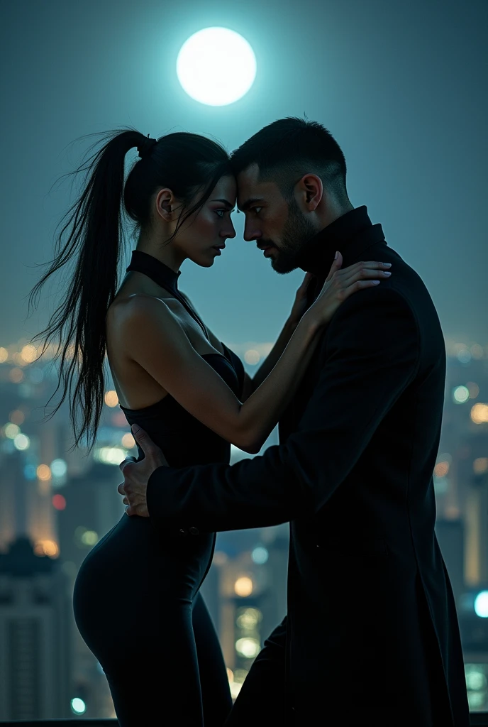 (a ninja firl black dress colour, hot big chest ,song pony tail black colour hair with green eyes,nija sward, struggling in fight against
a man in black colour suit with glowing magical blue eyes,
( Night time,full moon ,they are on top building)
In the fight the man caught her neck and ( choke ) her....((( He made her to look into his Hypnotic eyes ))))