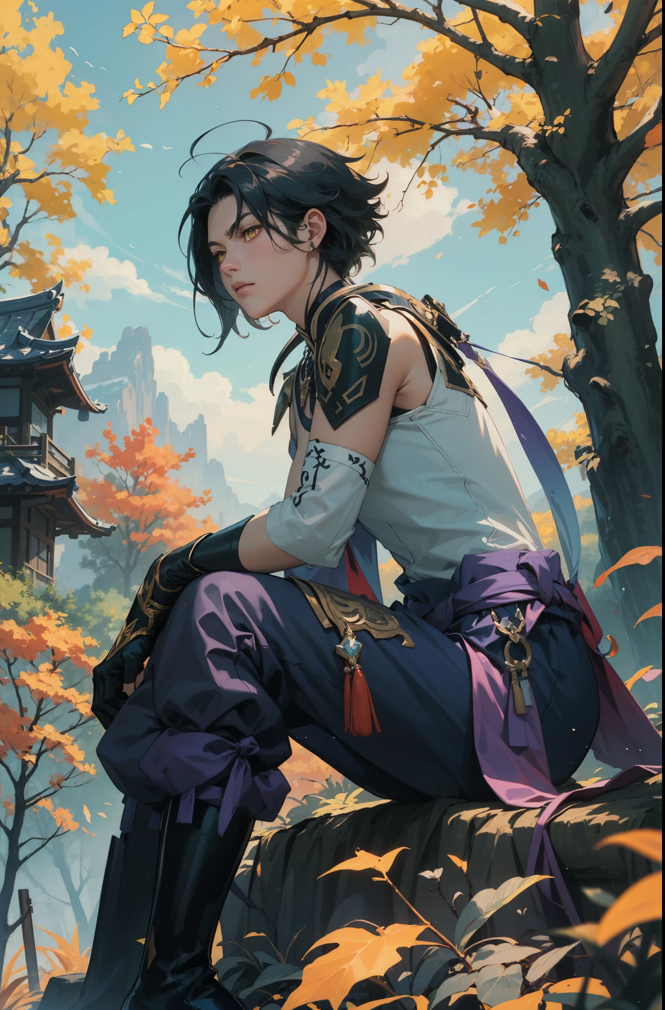 1 adult male solo,xiao \(genshin impact\), 1boy, male focus, short dark teal hair, yellow eyes, white sleeveless shirt, necklace, green tattoo on arm, detached white sleeve, black gloves, wide blue pants, black boots, pink and purple clothes details, black shoulder armor with spikes, outside, chinese mountains, yellow autumn trees, tree leaf falling, windy weather, dramatic light, movie poster style, cinematic shot, book cover, epic