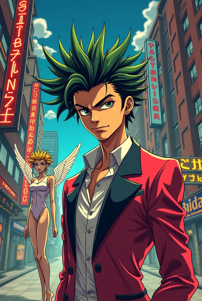 Make a version of me in JoJo's Bizarre Adventure and my Stand.. I am a man, skinny, high, with a book-like hairstyle, intermediate beauty, white/moreno and funny. Te fhigh mi stand
