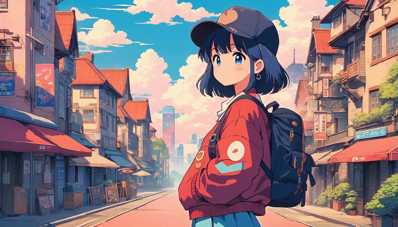 alone, lofi artstyle, lofi art, city, town, 80s anime style, Retro, Lo-Fi, masterpiece, best quality, (extremely detailed CG unity 8k wallpaper), (best quality), (best illustration), (best shadow), absurdres, realistic lighting, (Abyss), beautiful detailed glow, solo, anime girl with a baseball cap and backpack standing in front of a white background, detailed anime character art, clean detailed anime style, clean detailed anime art, guweiz, anime full body illustration, anime moe artstyle, high quality anime artstyle, anime character, style anime, anime visual of a cute girl, anime style 4 k, anime character art, anime styled