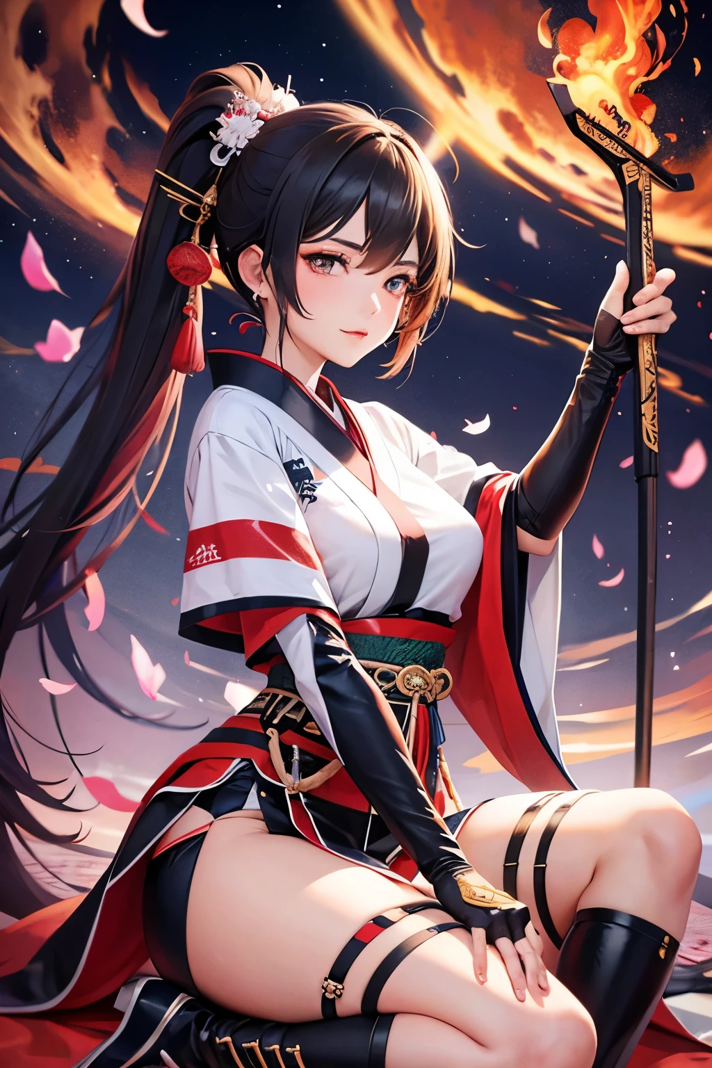 A 20-year-old female character in a flashy haori, mini hakama, knee-high boots, with long ponytail hair, holding a flaming sword, in the style of Japanese anime.
