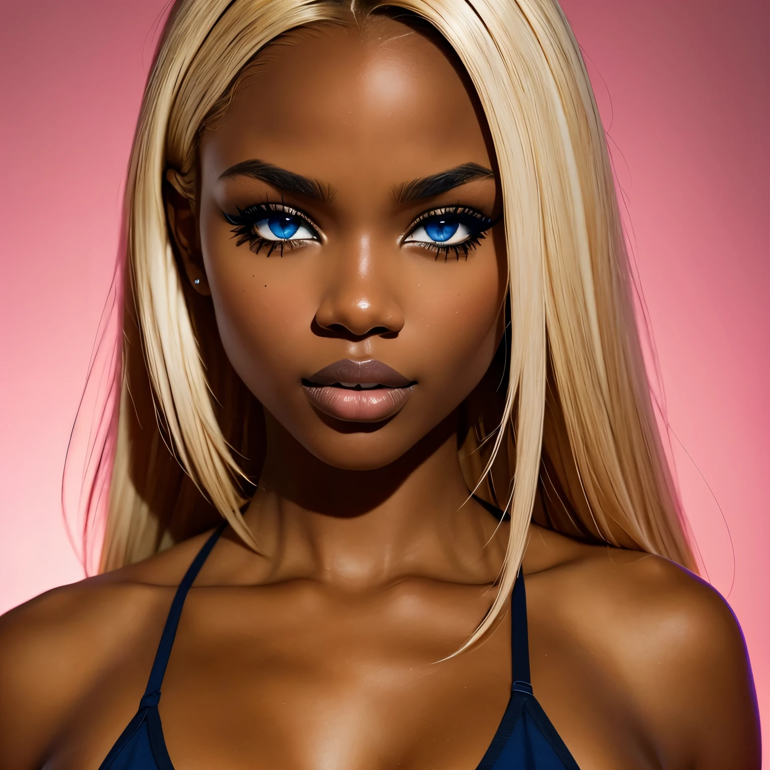 dark skin girl, blue eyes, blond hair