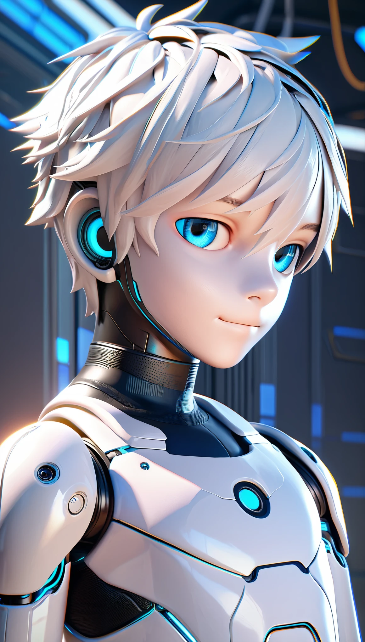 Full body image of A lifelike android robot (((boy))), intricate android seams on smooth glossy fair skin, short white hair, beautiful blue eyes, (best quality,4k,8k,highres,masterpiece:1.2),ultra-detailed, android,solo, ((shota)),