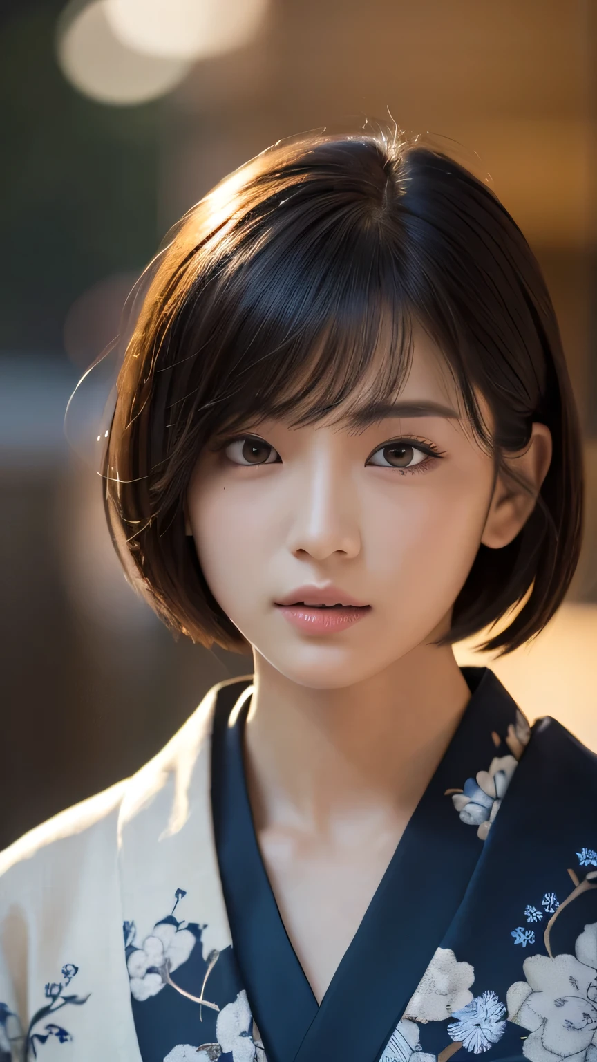 (Ultra-realistic), (figure), (High resolution), (8k), (Very detailed), (Best figure), (Beautiful and detailed), (Highest quality), (Super detailed), (masterpiece), (wallpaper), (Detailed face), alone, One Girl, watching viewer, kimono、Fireworks in the night sky、Pensive、Less exposure、Fine details, Detailed face, In the Dark, Deep Shadow, Modest, Pure ?????? Face Ace_v1, cool, short hair, Pointed diagonal bangs，