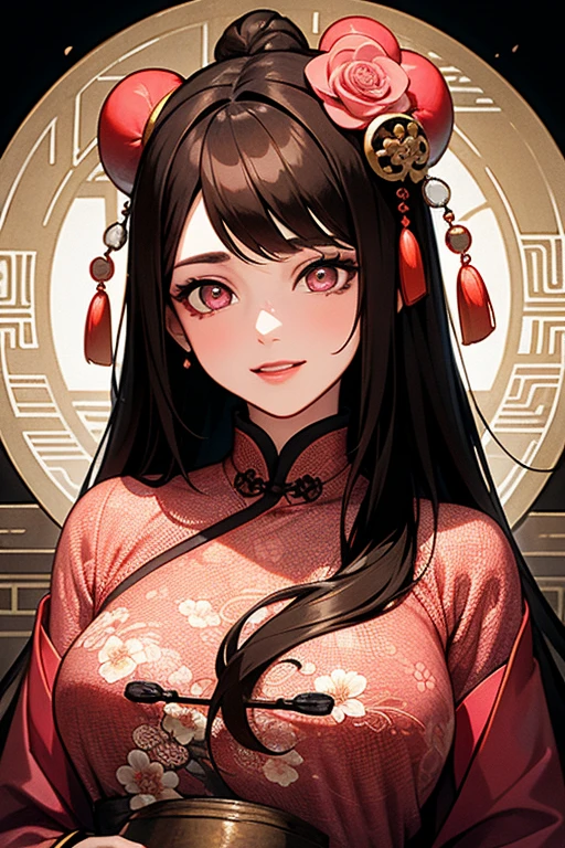 masterpiece, Best quality, Embankment, Banquet, 1 woman, mature woman, elegant, Chinese style, Ancient China, Sister, Royal Sister, happy, Meatball head, light brown hair, Pink eyes, Gorgeous headdress, light pink lips, pink clothes, Yarn is like clothes, intellectual, Full bangs, flat bangs, Flower ball, Face Delicate,hairstyle