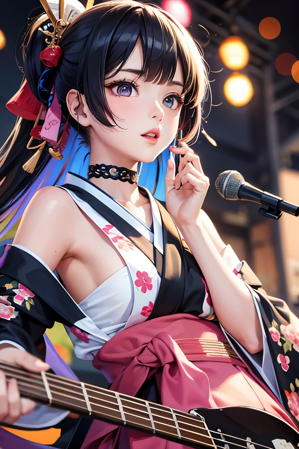 masterpiece, best quality, highly detailed, high resolution, expensive resolution, high resolution, 4k, 8k, Unity 8k wallpaper, highly detailed CG, masterpiece, 2d, 3d, beautiful details, depth, fine texture, best quality: 1.3, perfect focus, crispy skin, he, very cute anime girl, beautiful and cute girl in band playing bass guitar and singing in band wearing Japanese fancy patterned haori hakama on outdoor stage, full body, expensive black hair with pink inner short twin tail hair, mole under eye, looking at the viewer, expensive, blush, mole, open lips, , heart shaped choker, pink eyes, bass guitar, vocals, stage, outdoor festival stage