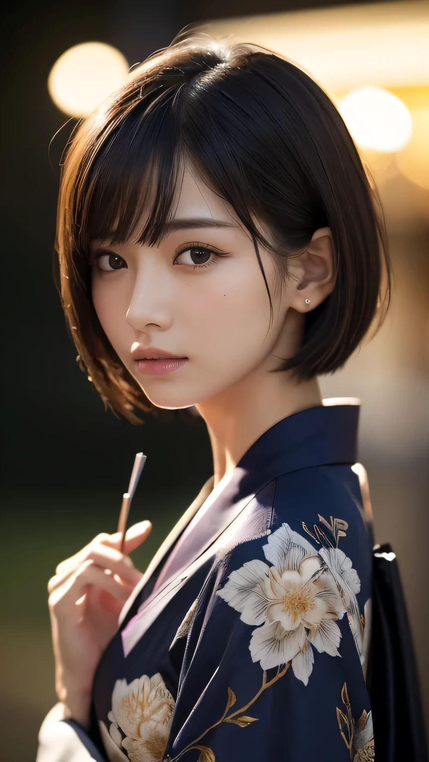 (Ultra-realistic), (figure), (High resolution), (8k), (Very detailed), (Best figure), (Beautiful and detailed), (Highest quality), (Super detailed), (masterpiece), (wallpaper), (Detailed face), alone, One Girl, watching viewer, kimono、Fireworks in the night sky、Pensive、Less exposure、Fine details, Detailed face, In the Dark, Deep Shadow, Modest, Pure Erotic Face Ace_v1, cool, short hair, Pointed diagonal bangs,
