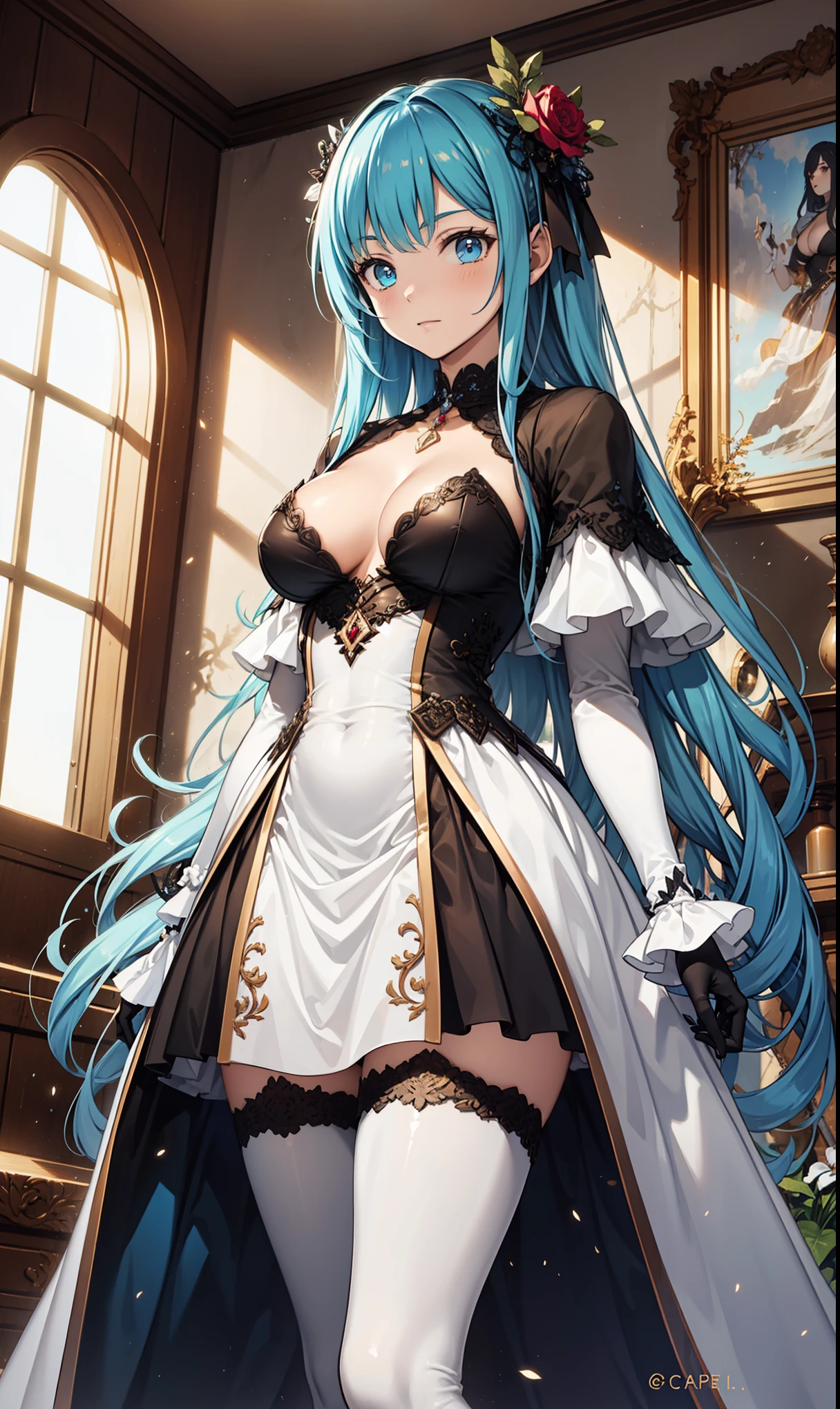 1girl,slender face,blue hair,Around 18 years old,glamor,silver hair,Saint,white_dress,harem,Valentine,capelet,cowboy_shot,uneven_legwear,，(The magical transparent white dress)，Black Gloves，See through transparent clothes，Exquisite hair accessories，Transparent lace，Sky blue pattern，night，Dress nicely，bedroom,