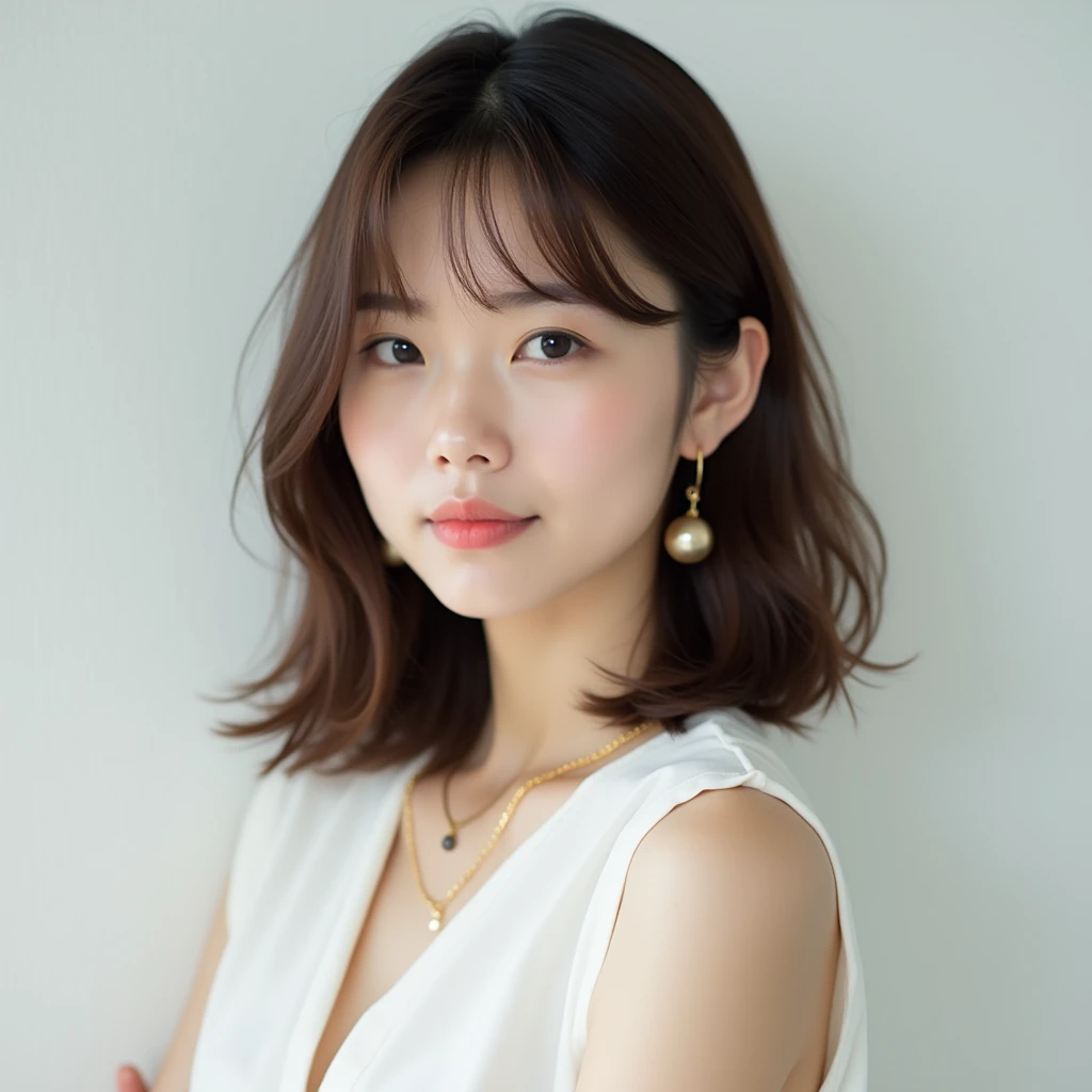 attractive young japanese woman、Medium Hair、A cut with a defined waistline、Glossy hair、Thready hair、Body is facing diagonally, looking at the camera、Brown hair color、White sleeveless blouse、Simple earrings and necklace、Smooth and straight hair、No bangs、Strong face
