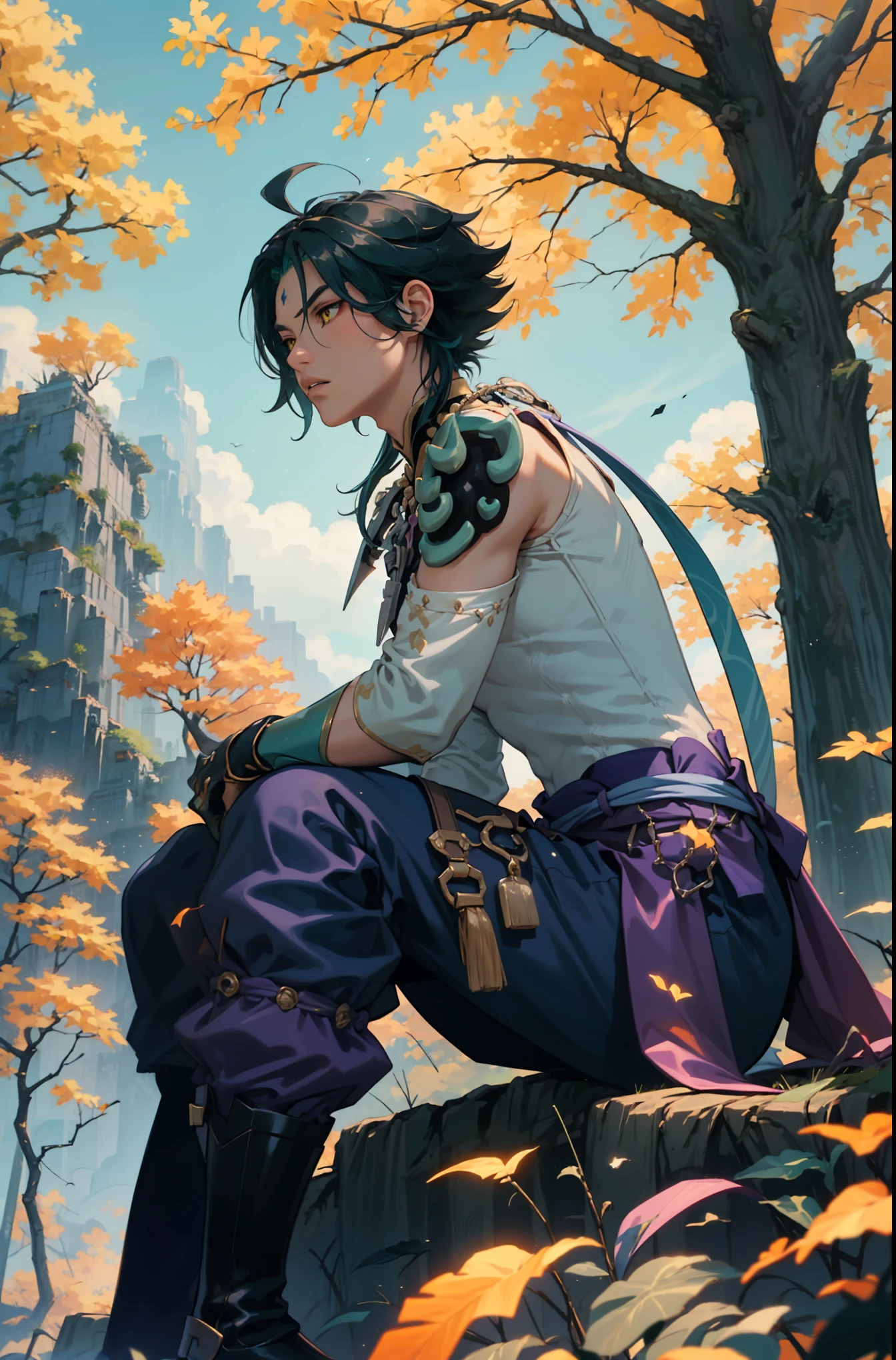 1 adult male solo,xiao \(genshin impact\), 1boy, male focus, short dark teal hair, yellow eyes, white sleeveless shirt, necklace, green tattoo on arm, detached white sleeve, black gloves, wide blue pants, black boots, pink and purple clothes details, black shoulder armor with spikes, outside, chinese mountains, yellow autumn trees, tree leaf falling, windy weather, dramatic light, movie poster style, cinematic shot, book cover, epic