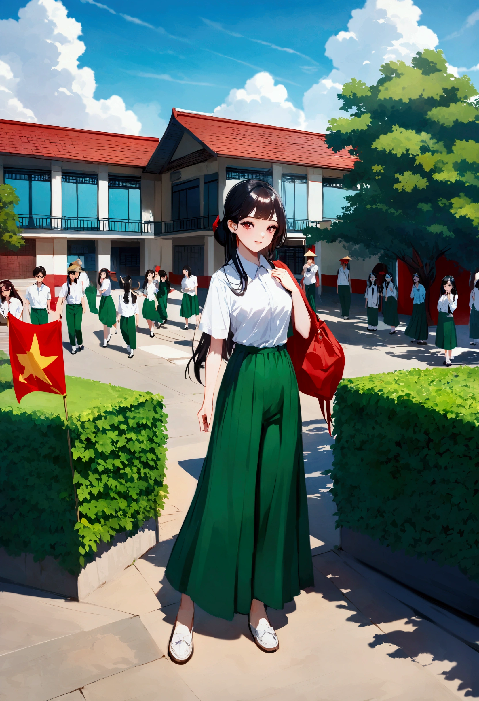 creates a perfect perspective of the image of a Vietnamese school, including the flag of Vietnam and the picture of the great Uncle Ho Chi Minh and the students in the school yard, the girls wear ao dai, the boys wear white shirts. green pants and the school has a unique modern architecture but still retains the beauty of Vietnam