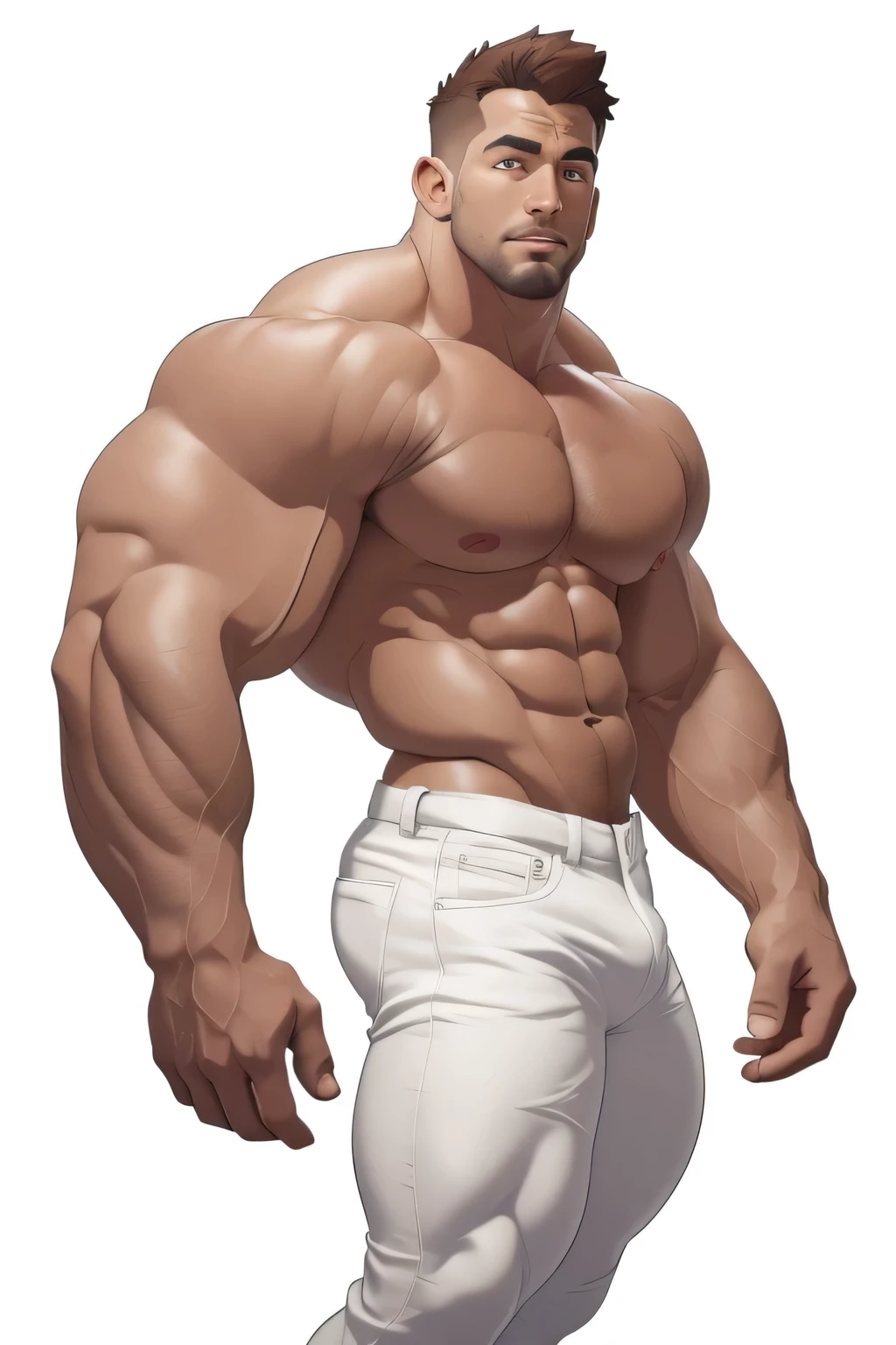 masterpiece, handsome , side view, clear face, clear eyes, best quality, muscular, bara, shirtless, mature male ,brown anime hair, large pectorals, huge arms and hands, thick eye brows, wearing white jeans, cropped feet, white background