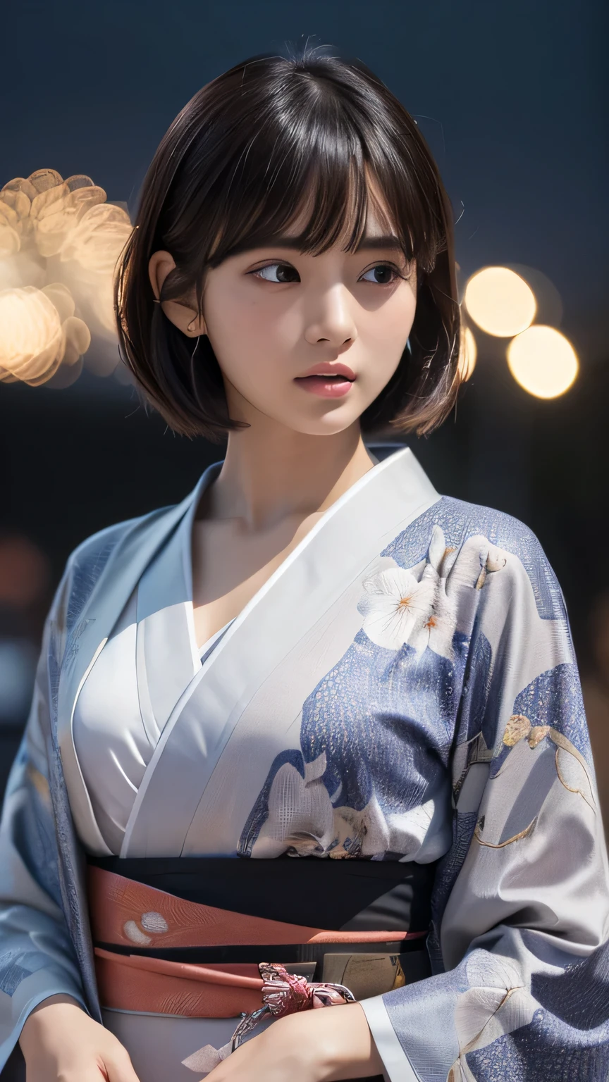 (Ultra-realistic), (figure), (High resolution), (8k), (Very detailed), (Best figure), (Beautiful and detailed), (Highest quality), (Super detailed), (masterpiece), (wallpaper), (Detailed face), alone, One Girl, watching viewer, kimono、Fireworks in the night sky、Pensive、Less exposure、Fine details, Detailed face, In the Dark, Deep Shadow, Modest, Pure Erotic Face Ace_v1, cool, short hair, Pointed diagonal bangs,
