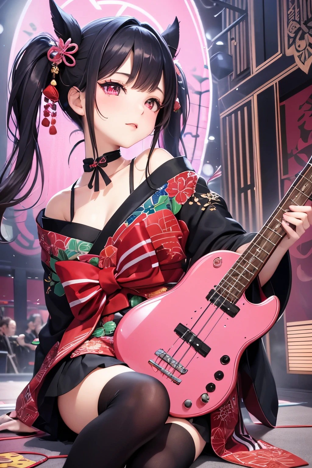 masterpiece, best quality, highly detailed, high resolution, expensive resolution, high resolution, 4k, 8k, Unity 8k wallpaper, highly detailed CG, masterpiece, 2d, 3d, beautiful details, depth, fine texture, best quality: 1.3, perfect focus, crispy skin, he, very cute anime girl, beautiful and cute girl in band playing bass guitar and singing in band wearing Japanese fancy patterned haori hakama on outdoor stage, full body, expensive black hair with pink inner short twin tail hair, mole under eye, looking at the viewer, expensive, blush, mole, open lips, , heart shaped choker, pink eyes, bass guitar, vocals, stage, outdoor festival stage