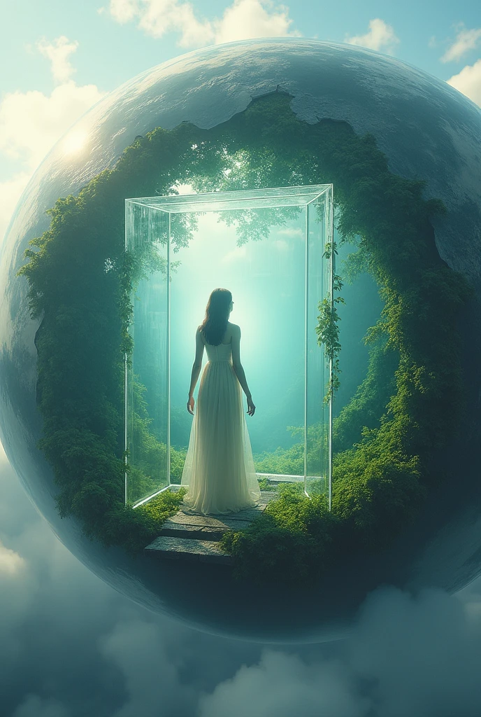 Help me generate an image,a transparent rectangular glass room is suspended inside a sphere,There was a person in the room,The inside of the sphere is like the surface of the Earth