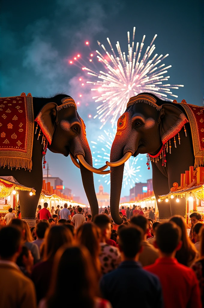 Two elephant are standing face to face wearing ornaments,church festival ,night time, crackers, full crowd