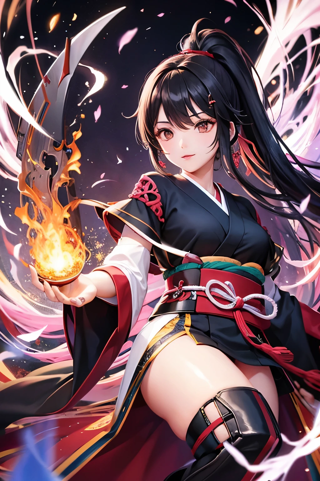 A 20-year-old female character in a flashy haori, mini hakama, knee-high boots, with long ponytail hair, holding a flaming sword, in the style of Japanese anime.