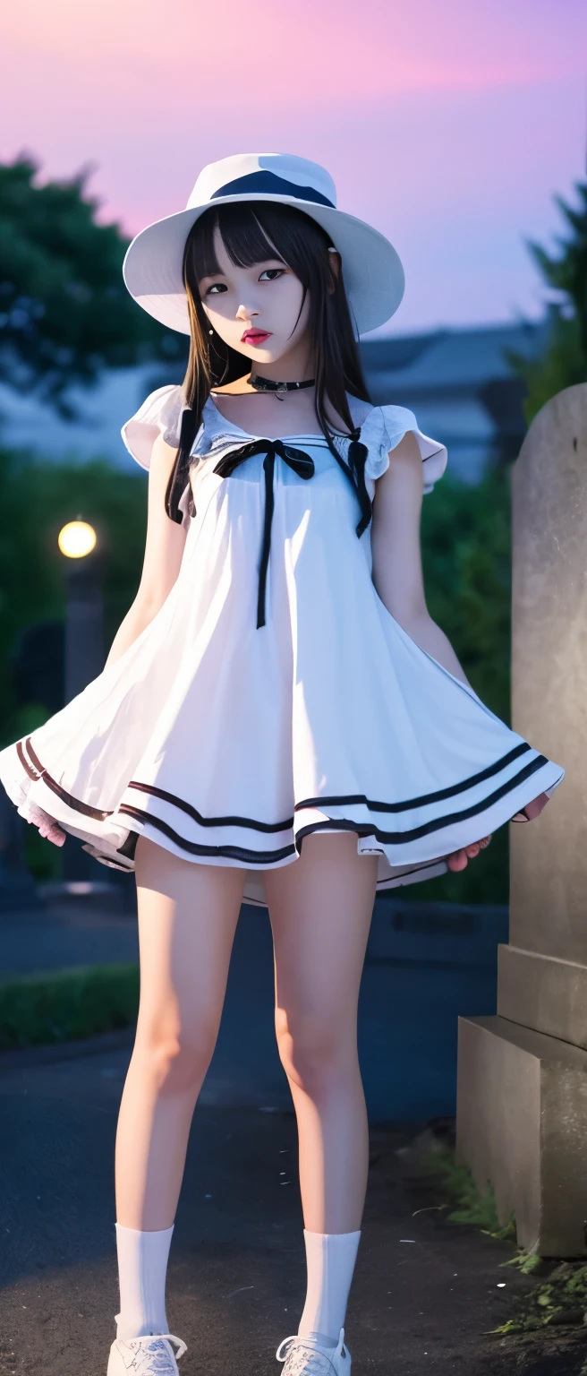 Cool idol girl、whole body、Good style、、、、、、、、、、Thick legs、Cool Ghost Summer Mini Dress(white、Summer Hat)、Cool girl face、、、A graveyard glowing at night、Skeletons are dancing、