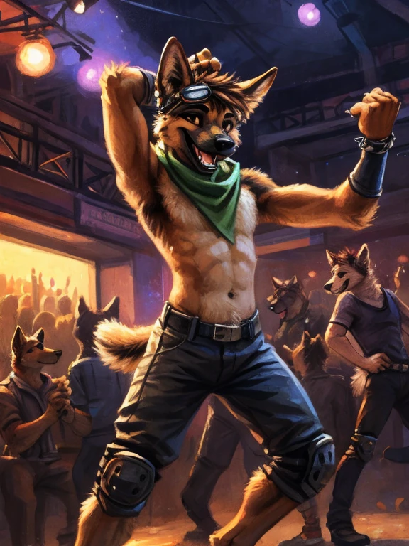 Furry, furry, teen, german shepherd, spiked brown hair only on head, collar, brown eyes, goggles, black pants, green scarf, elbow pads, knee pads, masterpiece, No muscles, Detailed hands, detailed face, detailed eyes, detailed body, Flat body, Skinny, claws, high resolution, metal cuffs on wrists, metal cuffs on ankles, no shirt, no underwear, crowded nightclub, dancing, laughing, art by kenket