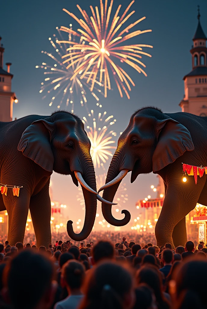 Two elephant are standing face to face,church festival ,night time, crackers, full crowd