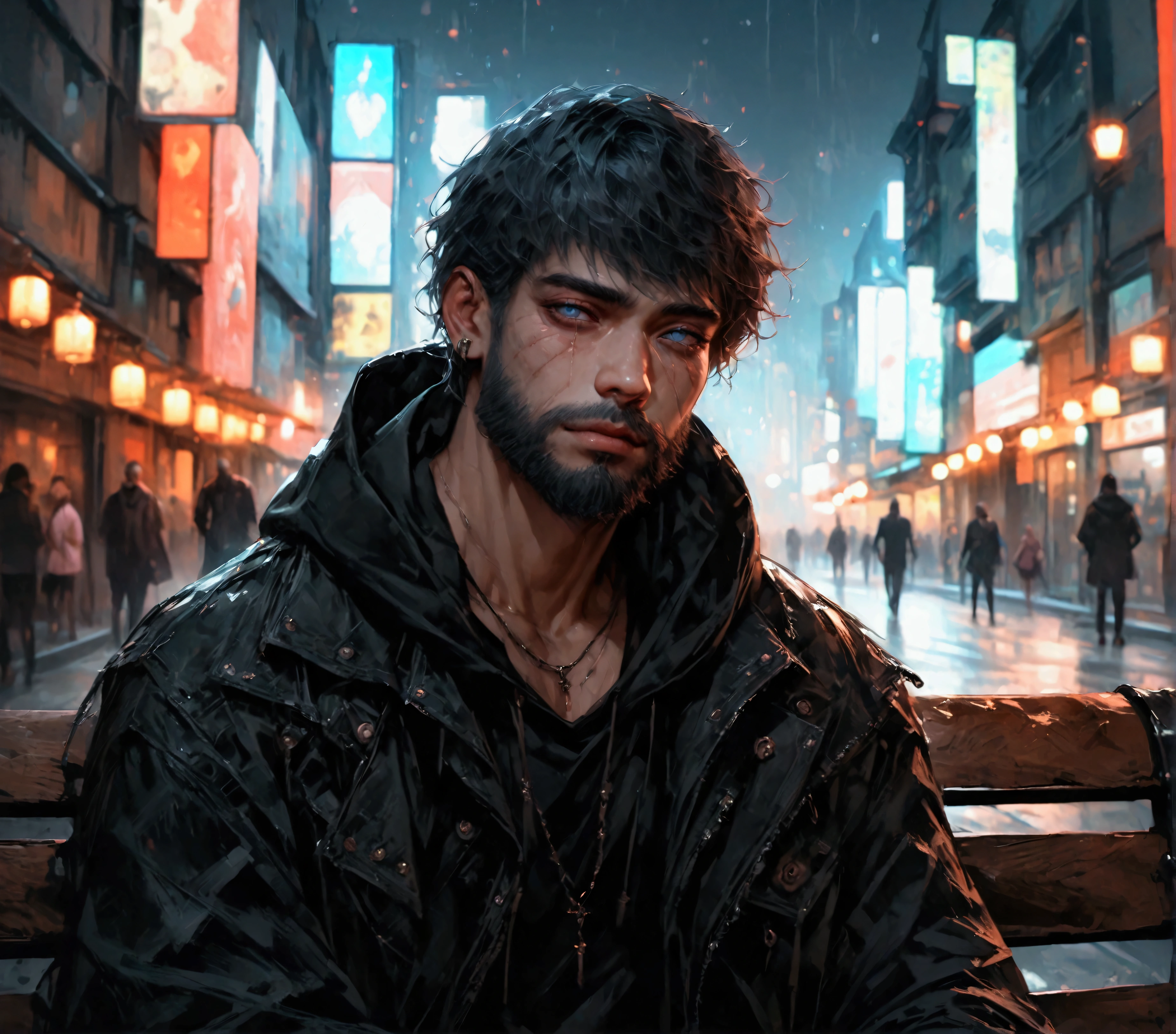 Realistic Digital Painting with Concept Art Elements"," digital painting," "concept art," "realistic," "high detail", "muscular",, "high-res", "ominous aura,", "8k resolution", "oil painting", "darker tone" , "dark saturation" ,"dark feeling", "concept art" , "detailed features" , "1man" , "wide smile" , "head tiled a little" , "dangerous" , scarred face" , "black hoodie" , "ripped jeans" , "dangerous" , "stalker" , "tinder dare gone wrong" , "modern era" , "non-fiction" "entire body visible" , "blue eyes" , "Tokyo background" , "nighttime" , "raining" " drenched", "muscular" , "Ripped jeans" , "bushy beard" , "sitting on a bench" , "depressed"