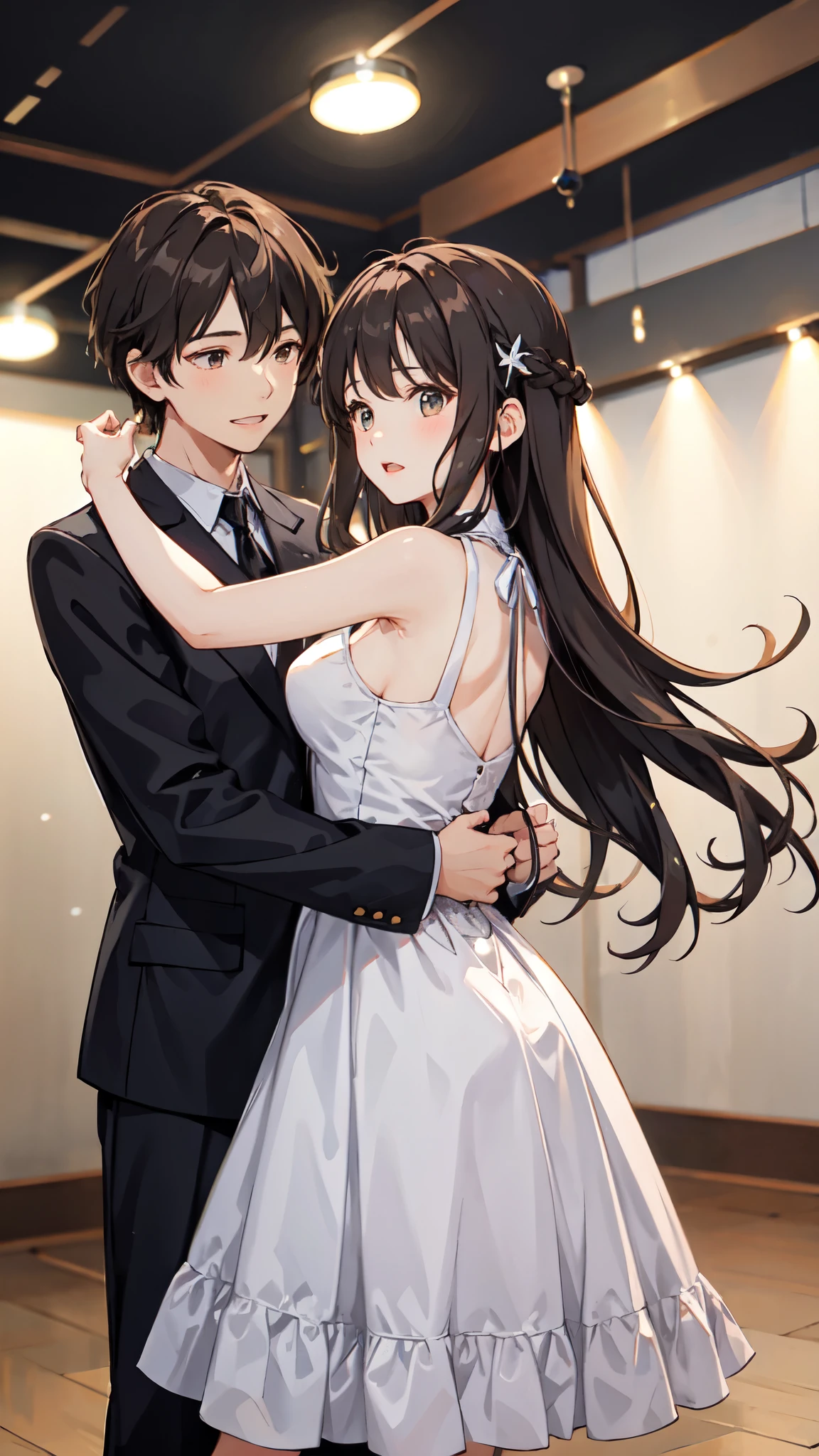 A girl with light blue long hair wearing a dress. On a date with a guy、dance hall、In the spotlight、A couple dancing intensely