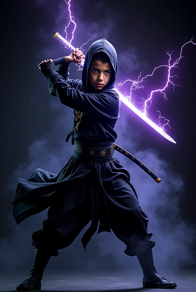 Background is black , a ninja dressed boy in black carring a katana, katana is covered in pale blue flames with purple thunder surrounding the ninja