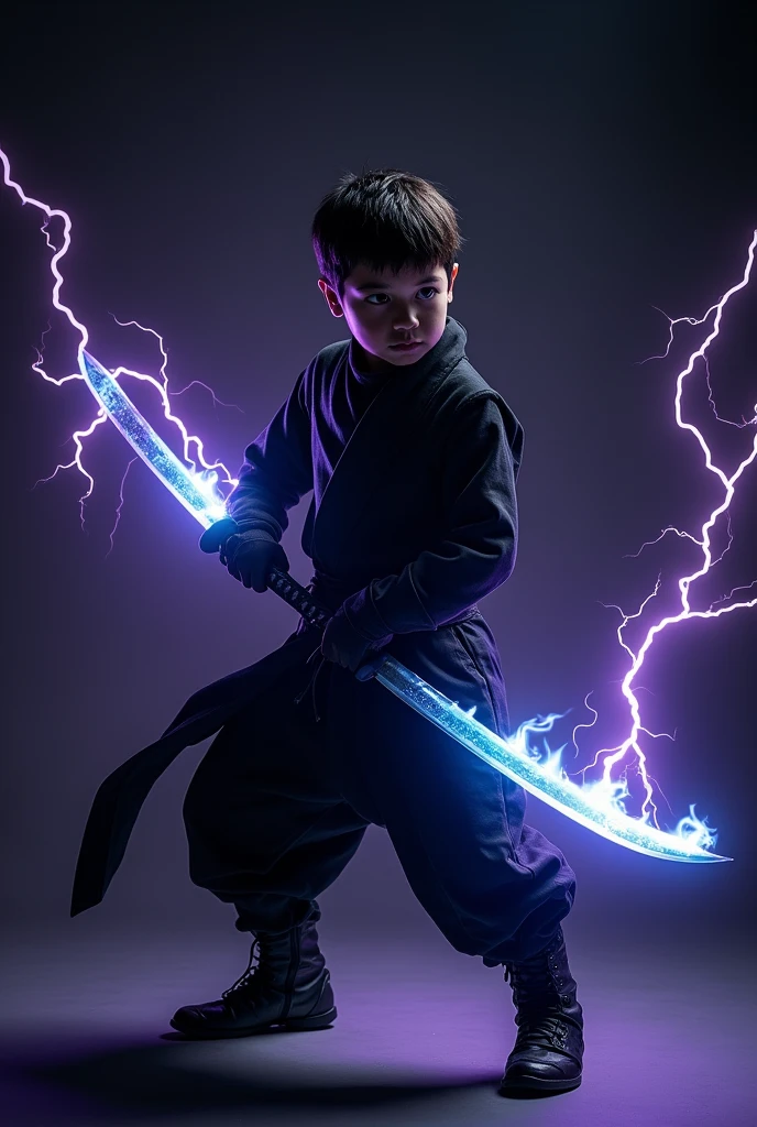 Background is black , a ninja dressed boy in black carring a katana, katana is covered in pale blue flames with purple thunder surrounding the ninja 