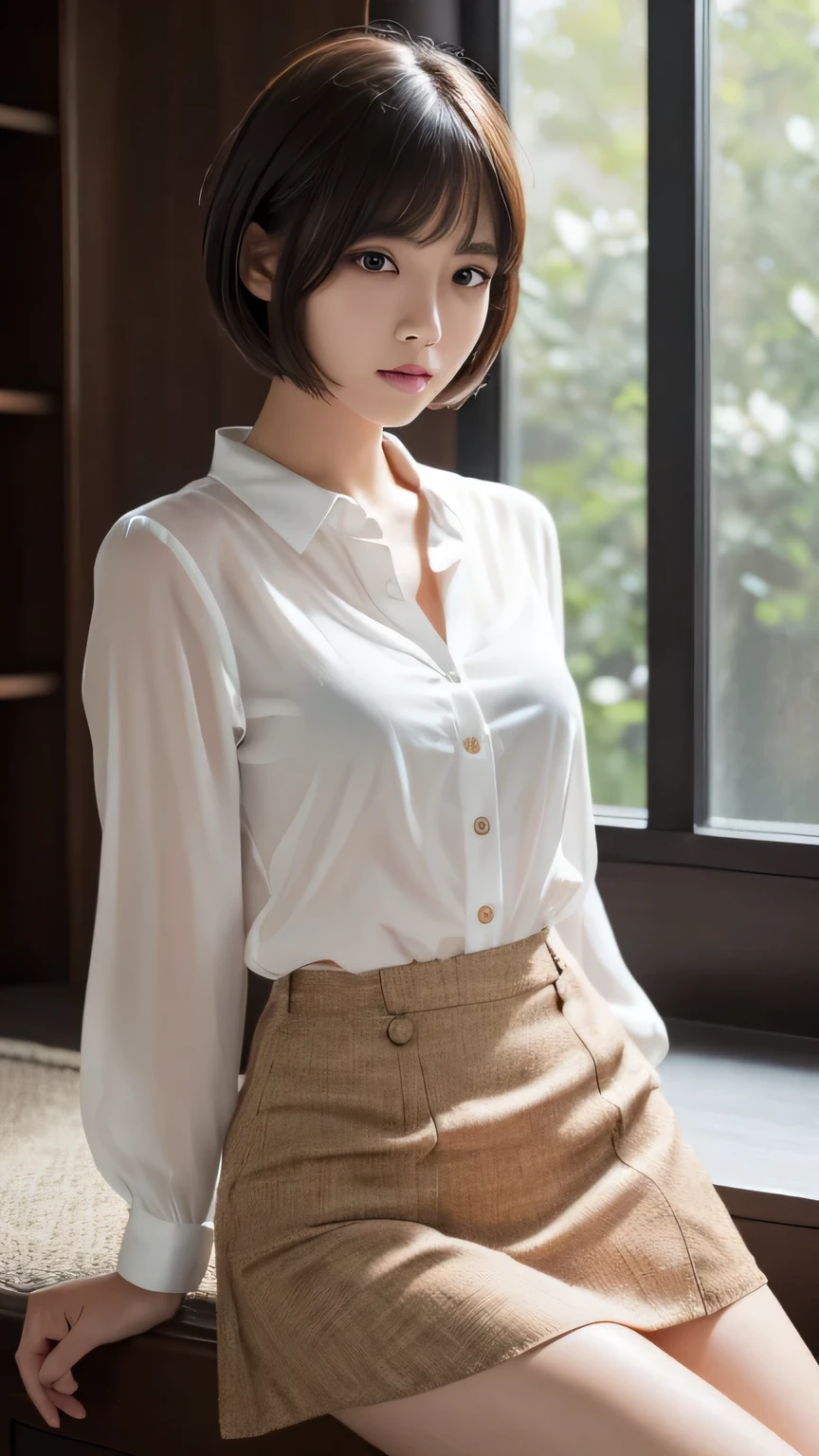 (Ultra-realistic), (figure), (High resolution), (8k), (Very detailed), (Best figure), (Beautiful and detailed), (Highest quality), (Super detailed), (masterpiece), (wallpaper), (Detailed face), alone, One Girl, watching viewer, Tight Skirt、White blouse、Pensive、Less exposure、Fine details, Detailed face, In the Dark, Deep Shadow, Modest, Pure Erotic Face Ace_v1, cool, short hair, Pointed diagonal bangs，