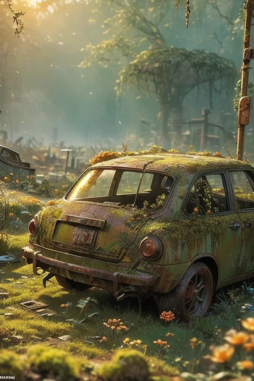 A rusty machine covered in moss and plants, Signs of decay,Mechanical Graveyard，Small flowers,Sunset,End,photography