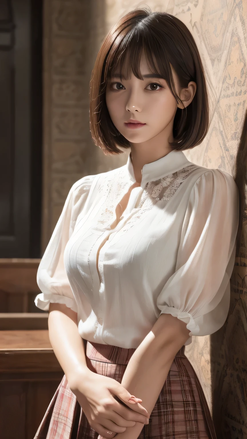 (Ultra-realistic), (figure), (High resolution), (8k), (Very detailed), (Best figure), (Beautiful and detailed), (Highest quality), (Super detailed), (masterpiece), (wallpaper), (Detailed face), alone, One Girl, watching viewer, Tight Skirt、White blouse、Pensive、Less exposure、Fine details, Detailed face, In the Dark, Deep Shadow, Modest, Pure Erotic Face Ace_v1, cool, short hair, Pointed diagonal bangs,