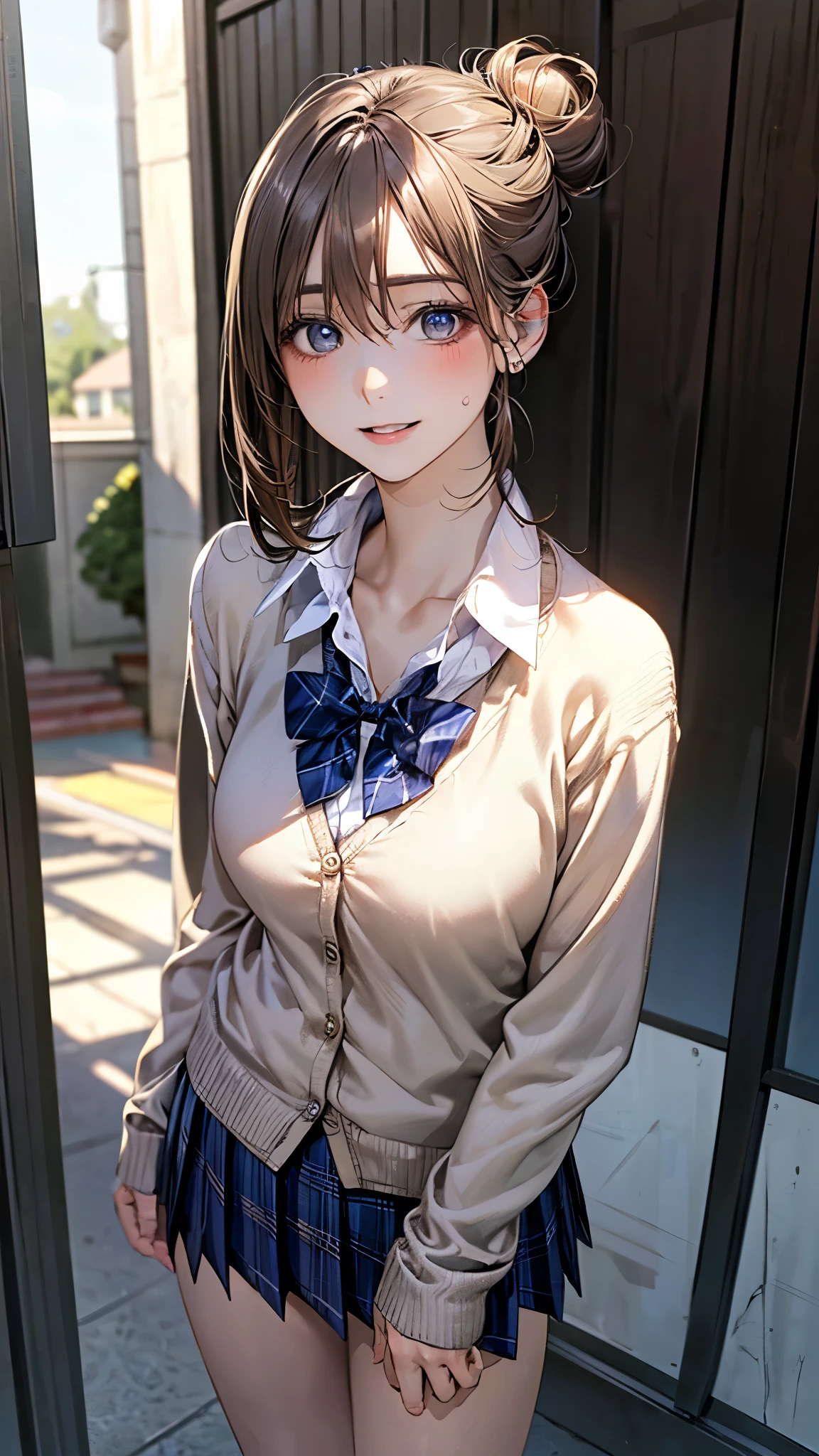 (masterpiece:1.2, highest quality), (realistic photo:1.4), beautiful illustrations, (natural side lighting, movie lighting),
beautiful hair, beautiful face, detailed and beautiful eyes, beautiful clavicle, beautiful body, beautiful breasts, beautiful thighs, beautiful feet, beautiful fingers,
looking at the viewer, 1 girl, high school girl, (perfect anatomy, anatomically correct, super detailed skin), cute symmetrical face, baby face, perfect face, perfect eyes,
(middle hair, (single hair bun), light brown hair), hair between eyes, gold eyes, big eyes, long eye lasher, (medium breasts, seductive thighs), perfect body, shiny skin, slender,
(detailed cloth texture, break white collared shirt, break (long sleeve khaki color knit cardigan, closed cardigan), break cobalt blue pleated skirt, cobalt blue plaid bow tie), break
(beautiful scenery), night, (school yard;1.2), standing, break (lovely smile, upper eyes, parted lips),