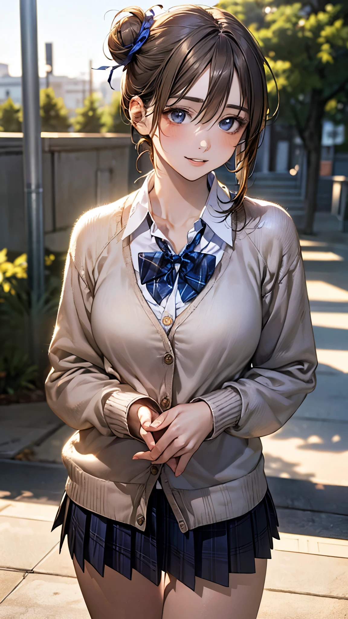 (masterpiece:1.2, highest quality), (realistic photo:1.4), beautiful illustrations, (natural side lighting, movie lighting),
beautiful hair, beautiful face, detailed and beautiful eyes, beautiful clavicle, beautiful body, beautiful breasts, beautiful thighs, beautiful feet, beautiful fingers,
looking at the viewer, 1 girl, high school girl, (perfect anatomy, anatomically correct, super detailed skin), cute symmetrical face, baby face, perfect face, perfect eyes,
(middle hair, (single hair bun), light brown hair), hair between eyes, gold eyes, big eyes, long eye lasher, (medium breasts, seductive thighs), perfect body, shiny skin, slender,
(detailed cloth texture, break white collared shirt, break (long sleeve khaki color knit cardigan, closed cardigan), break cobalt blue pleated skirt, cobalt blue plaid bow tie), break
(beautiful scenery), night, (school yard;1.2), standing, break (lovely smile, upper eyes, parted lips),