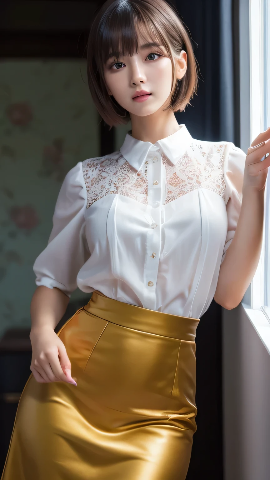 (Ultra-realistic), (figure), (High resolution), (8k), (Very detailed), (Best figure), (Beautiful and detailed), (Highest quality), (Super detailed), (masterpiece), (wallpaper), (Detailed face), alone, One Girl, watching viewer, Tight Skirt、White blouse、Pensive、Less exposure、Fine details, Detailed face, In the Dark, Deep Shadow, Modest, Pure Erotic Face Ace_v1, cool, short hair, Pointed diagonal bangs，