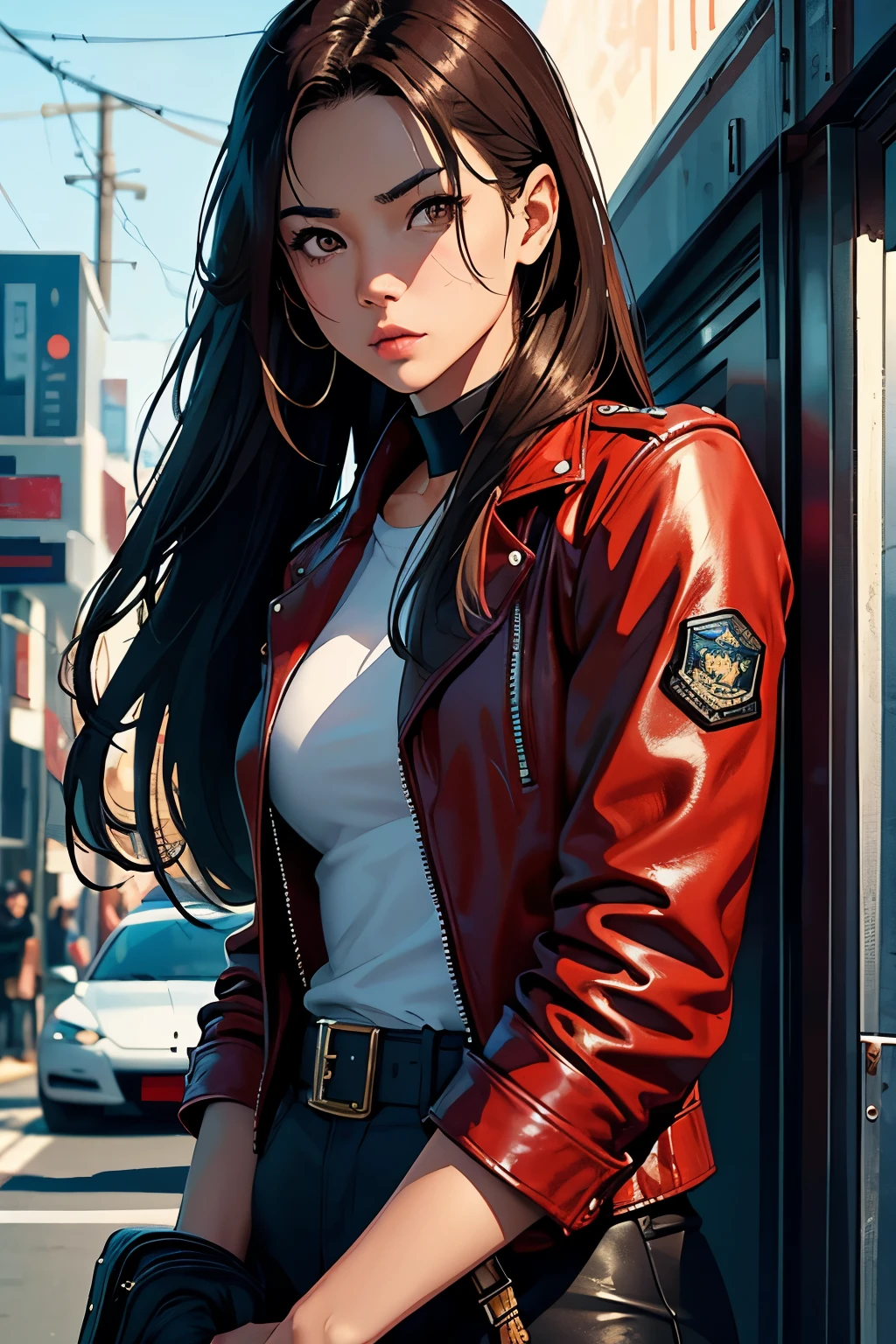 semi-realism, illustrated, Asian cop, pretty woman, brown eyes, light skin, long brown hair, red leather jacket, cop, semi-realism, illustrated, pseudo-realistic, bold lines, character art, with a focus on detail and semi-realism --ar 3:4 --niji 6"