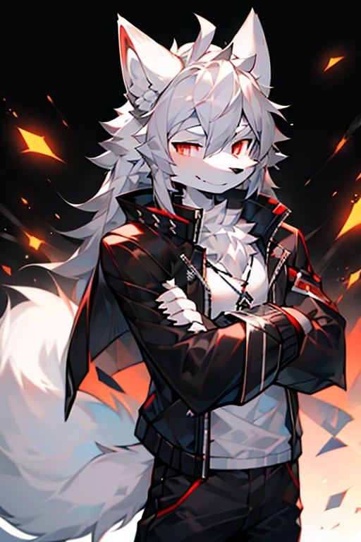 solo person, male wolf, long gray hair, black white face, white fur, fluffy wolf ears, two crossed arms, dark red eyes, (high quality), Upscale, 4K, HD, smiling expression, (dark evironment 0.8), graffiti wall background, jacket , white shirt, medium black pants.