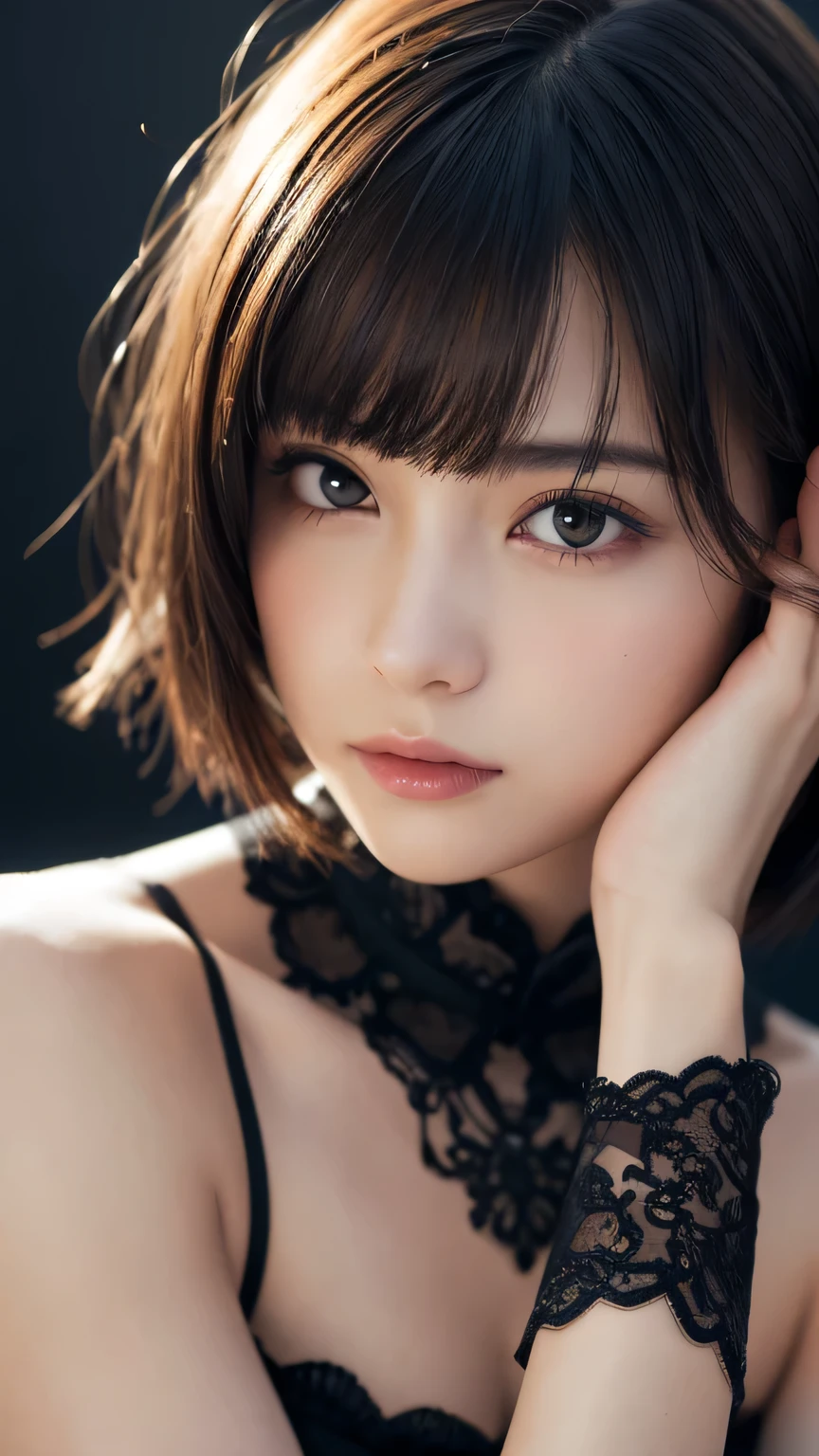 (Ultra-realistic), (figure), (High resolution), (8k), (Very detailed), (Best figure), (Beautiful and detailed), (Highest quality), (Super detailed), (masterpiece), (wallpaper), (Detailed face), alone, One Girl, watching viewer, Gothic ta、Pensive、Less exposure、Fine details, Detailed face, In the Dark, Deep Shadow, Modest, Pure Erotic Face Ace_v1, cool, short hair, Pointed diagonal bangs,