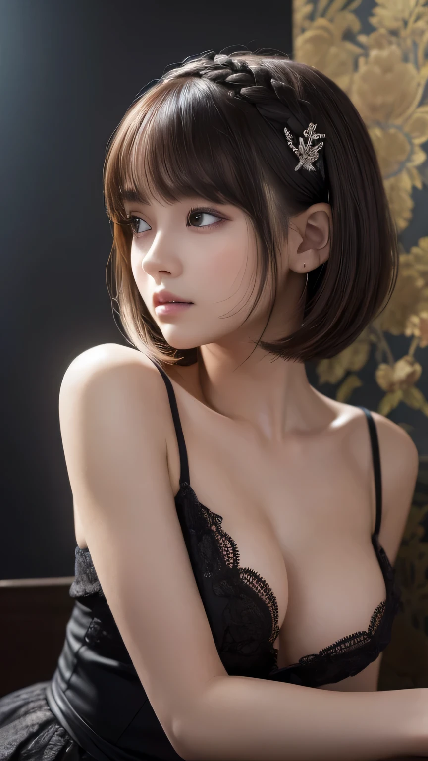 (Ultra-realistic), (figure), (High resolution), (8k), (Very detailed), (Best figure), (Beautiful and detailed), (Highest quality), (Super detailed), (masterpiece), (wallpaper), (Detailed face), alone, One Girl, watching viewer, Gothic ta、Pensive、Less exposure、Fine details, Detailed face, In the Dark, Deep Shadow, Modest, Pure Erotic Face Ace_v1, cool, short hair, Pointed diagonal bangs,