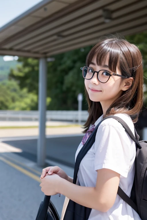 A bespectacled girl filled with hope、The moment of departure